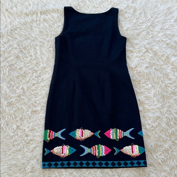 Talbots navy blue beaded embroidered fish sheath dress 8 - Picture 8 of 14